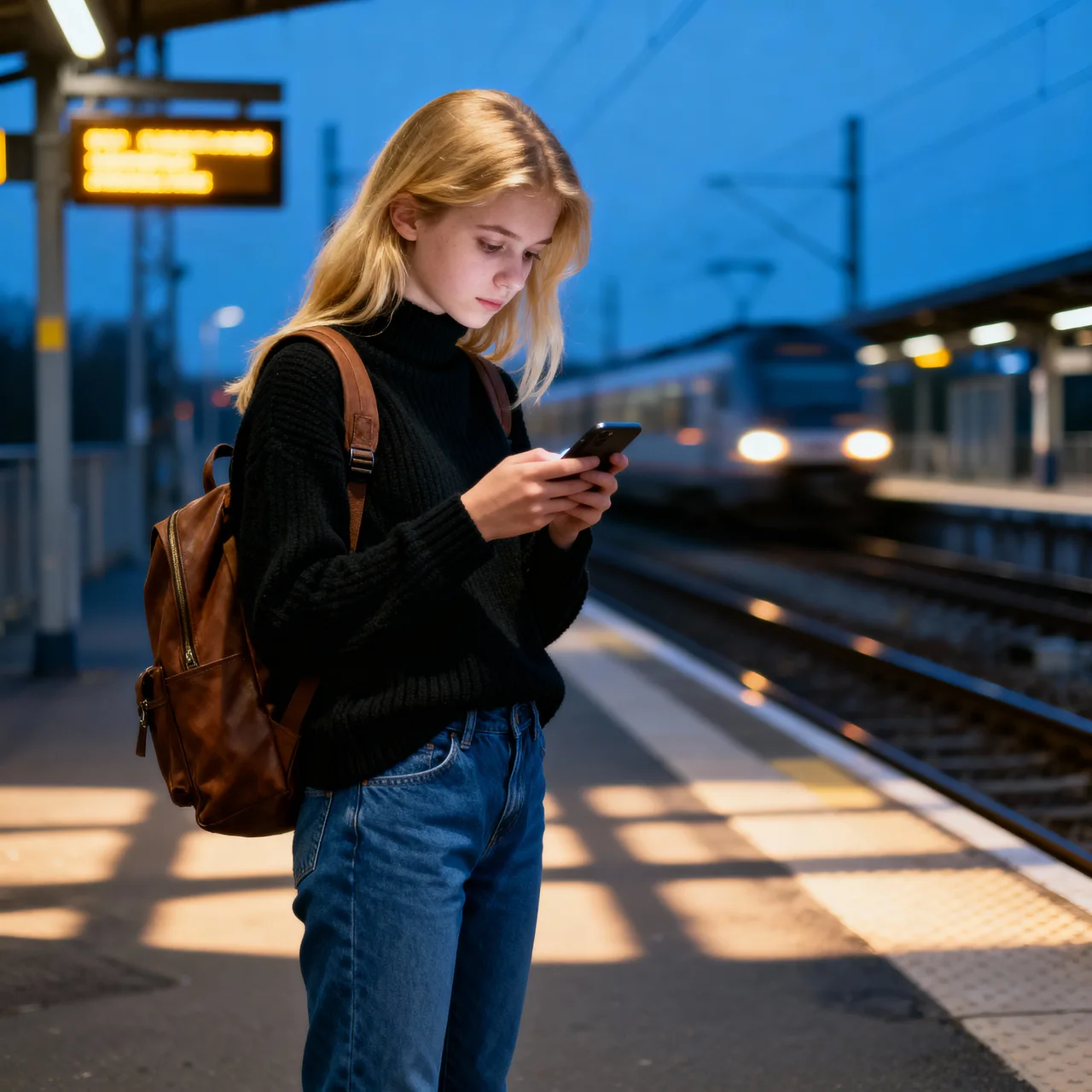 Девушка с телефоном на вечерней железнодорожной платформе