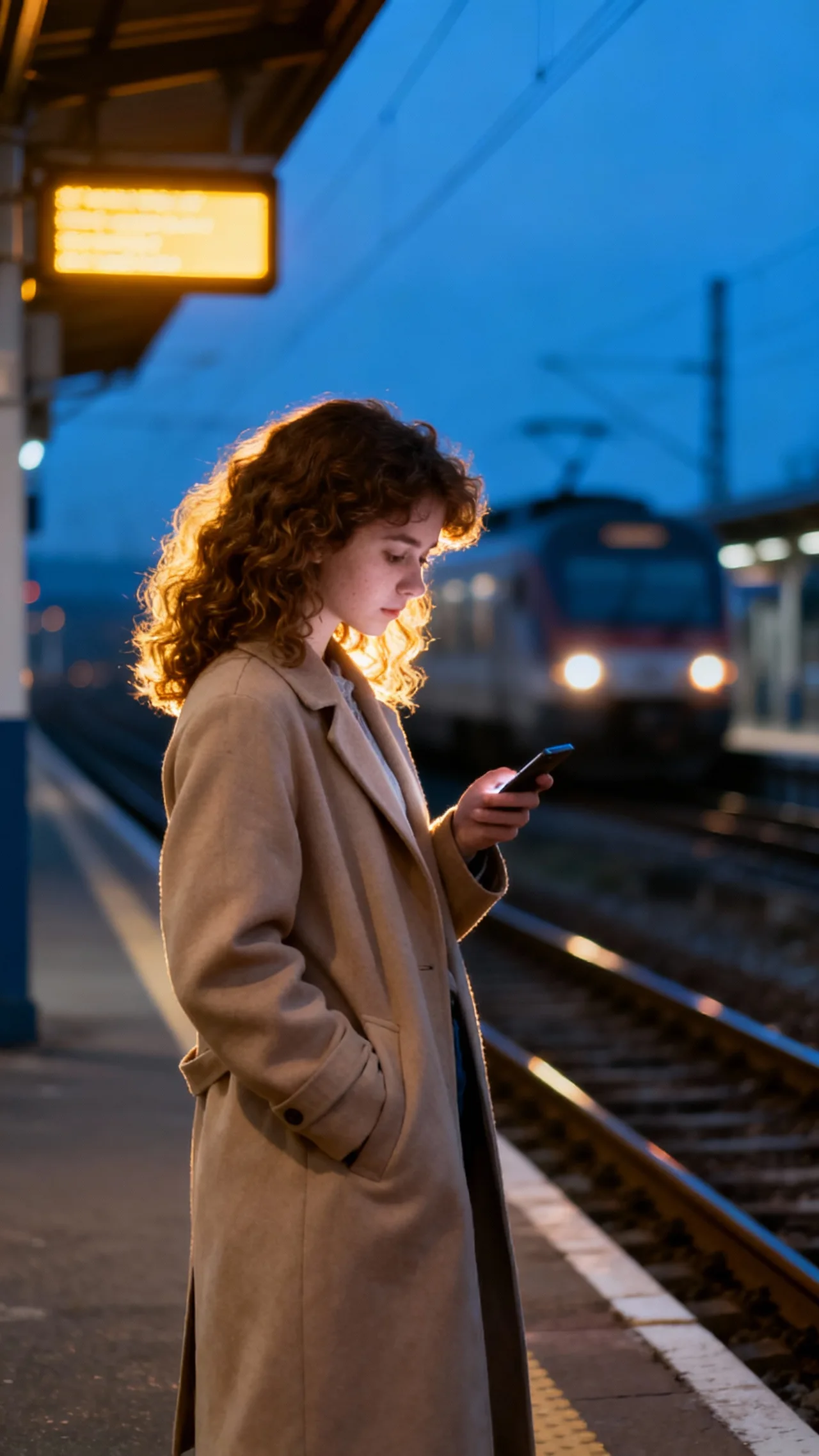 Девушка с телефоном на железнодорожной платформе в вечернем свете